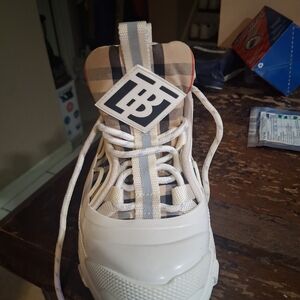 Burberry Beige and White High-Top Sneakers